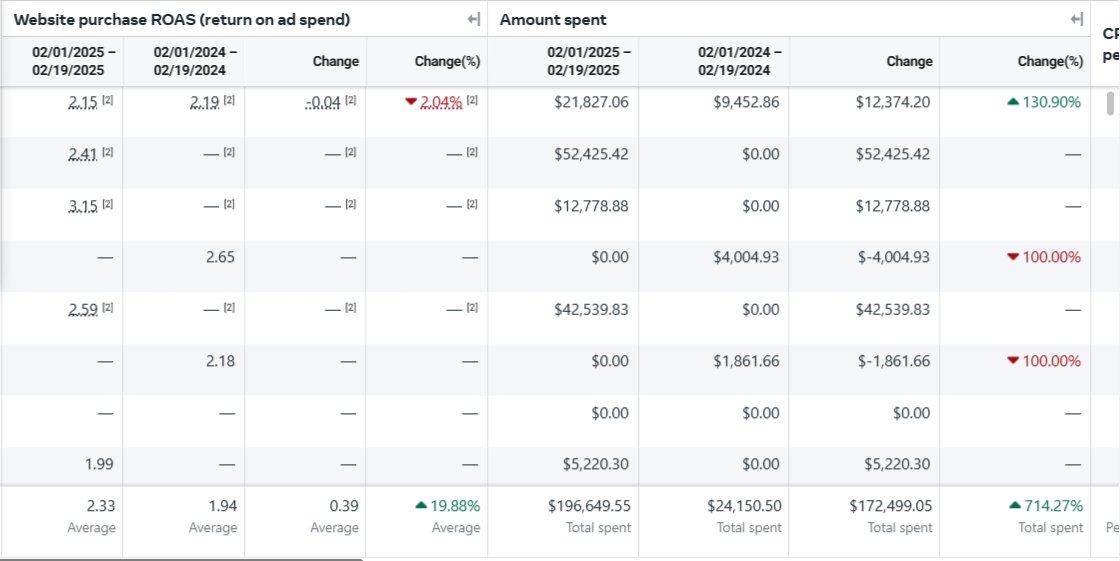 Spend, Feb 1 to 19, 2025 vs 2024, with ROAS 1.94 → 2.33